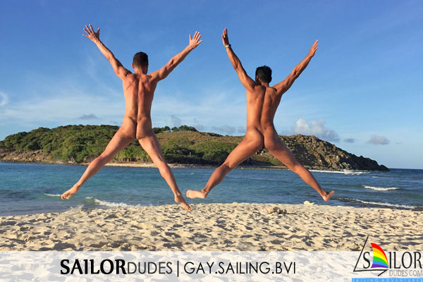 BVI nude jumping on beach